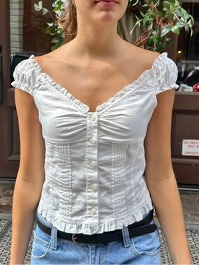 NWOT Brandy Melville White Ruched Button-Front Off-Shoulder Top with Ruffle Trim